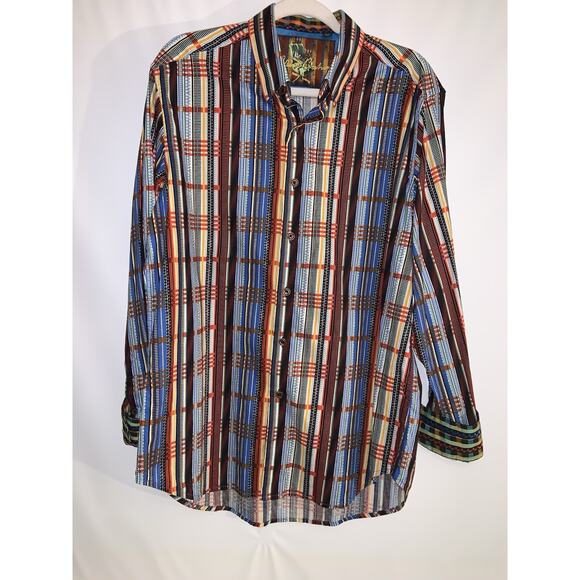 Robert Graham Shirt Mens Sz Large Flip Cuff Multicolor Striped Preppy Art Deco - Picture 3 of 9